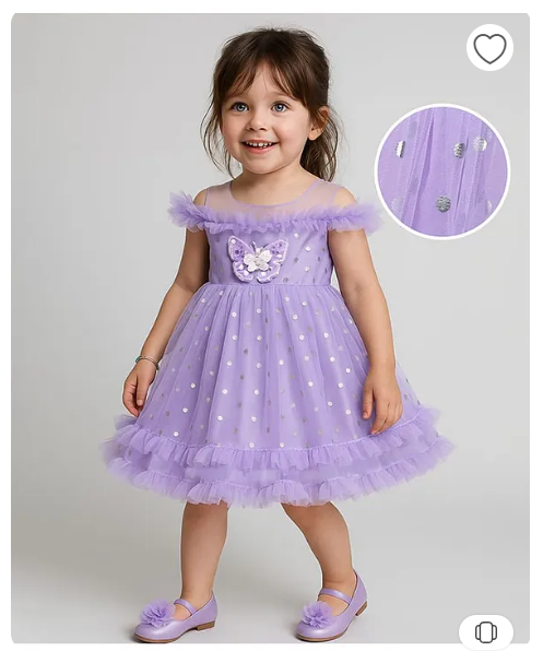 Babyhug Woven Sleeveless Fit and Flare Ruffled Dress with Foil Print & Butterfly Applique - Lavender 2-3 Y